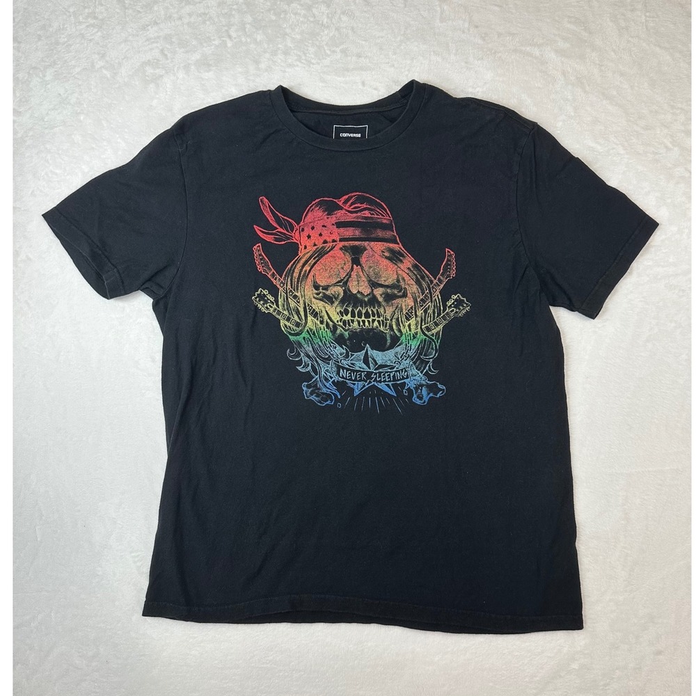 Converse Mens Rainbow Skull Guitar Graphic T-Shirt Black Size M Never Sleeping